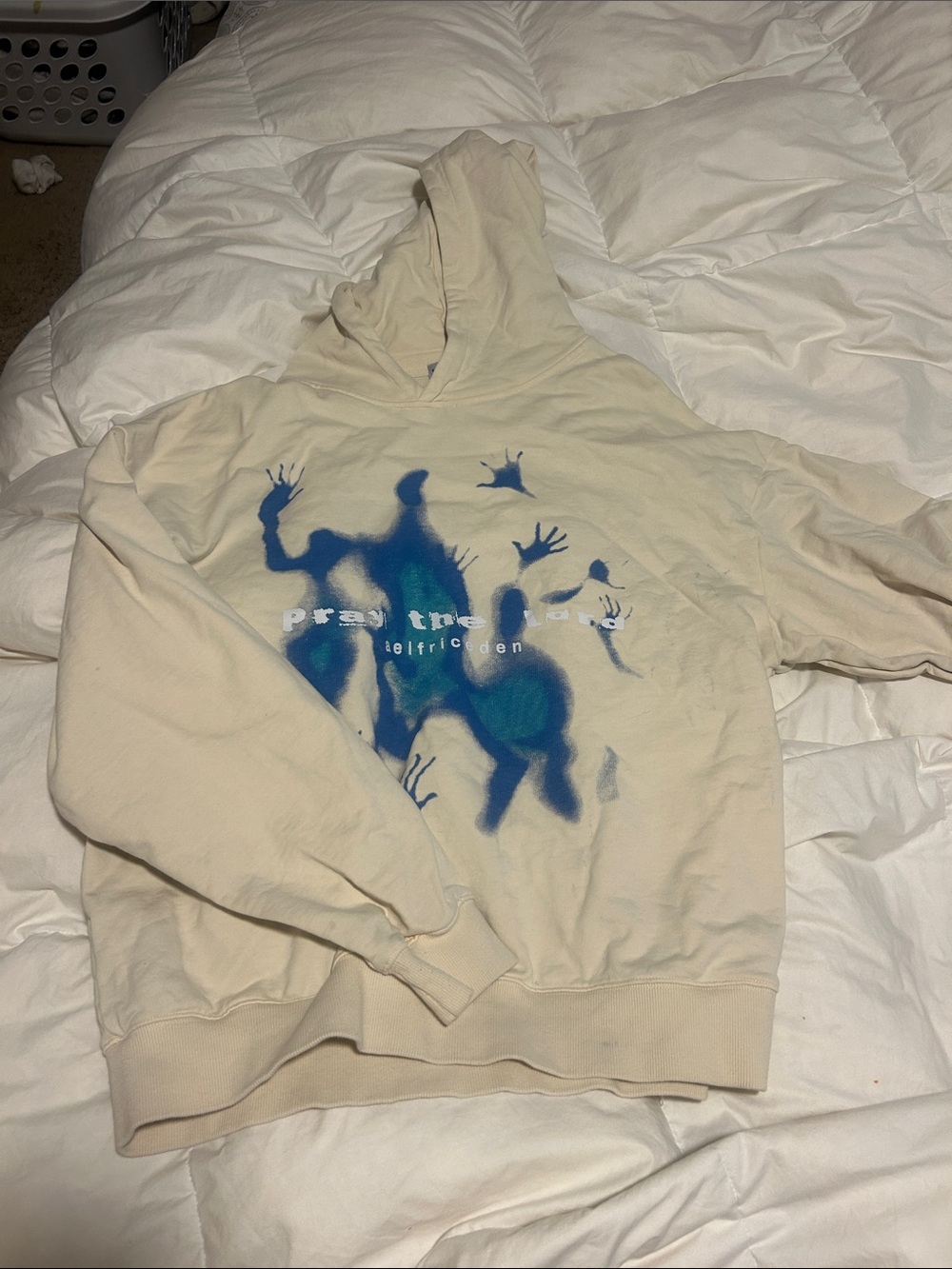 Aelfric Eden Beige Hoodie with Blue Green Abstract Print